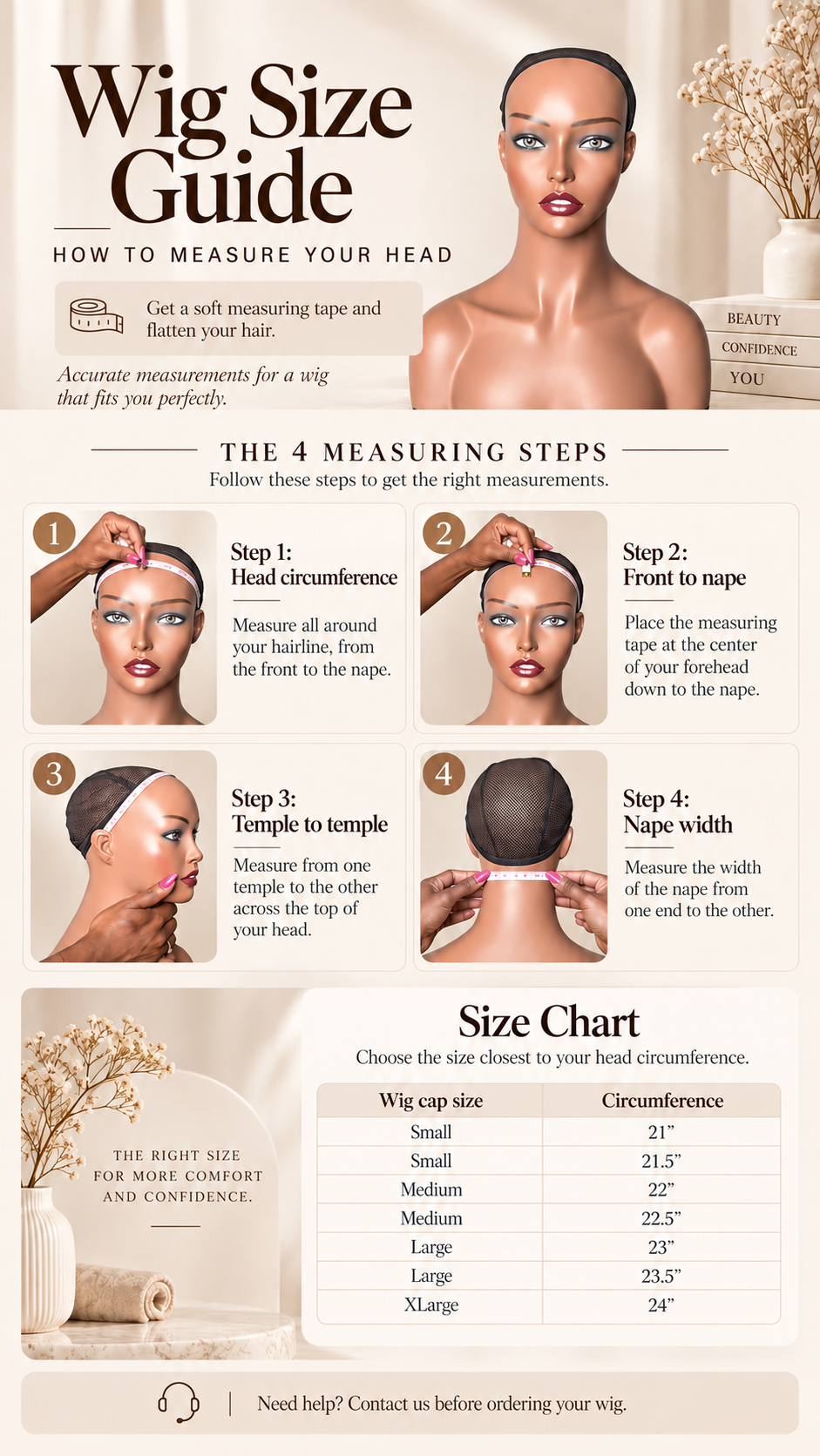 Wig size guide: measuring steps and wig cap size chart
