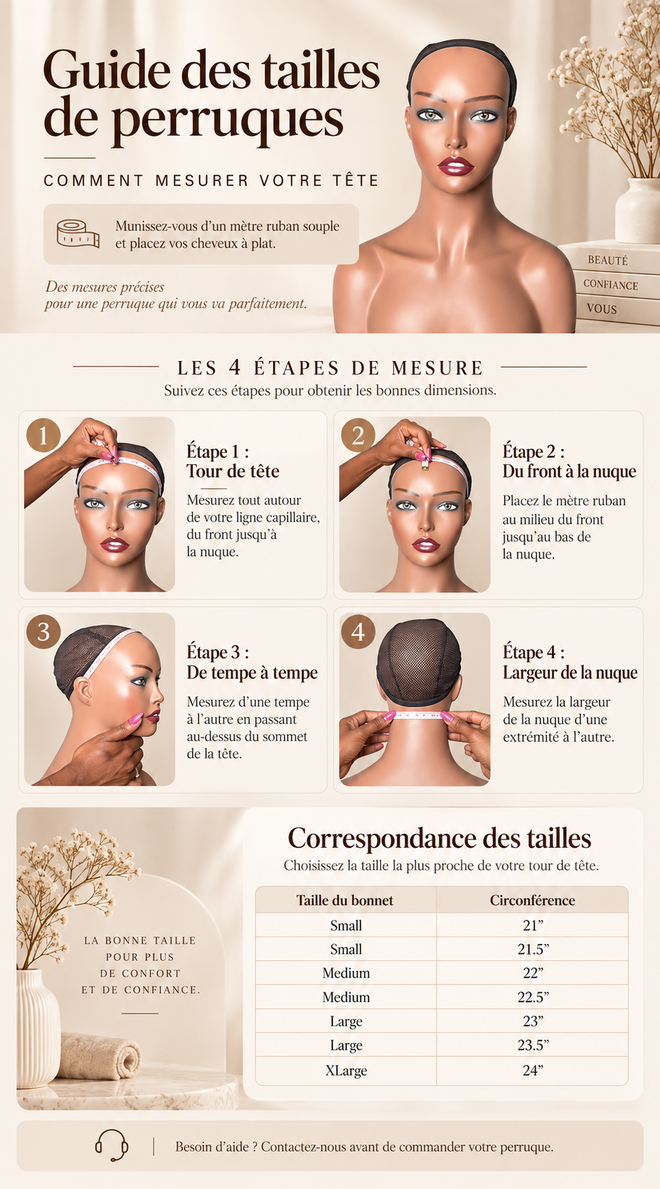 Guide des tailles de perruques : étapes de mesure et tailles de bonnet