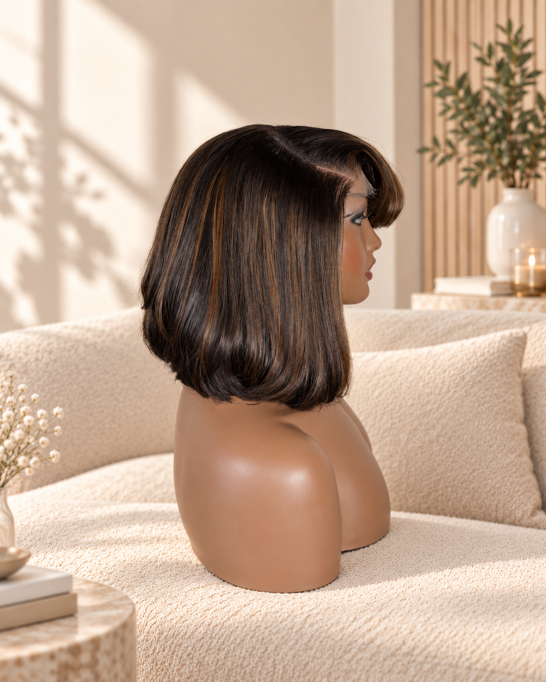 Lauren wig on a beige background