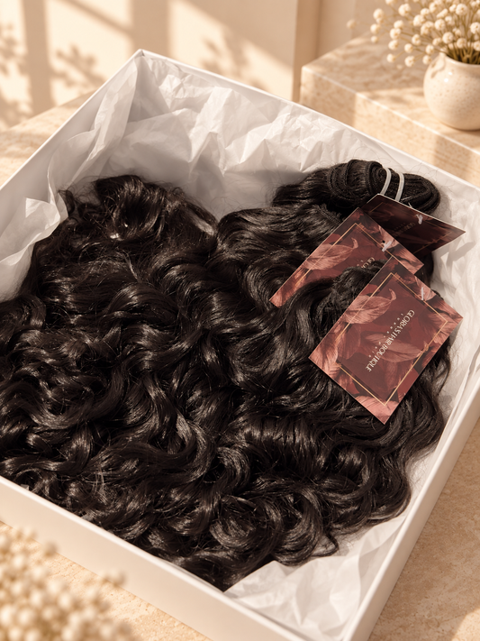 Curly Raw Indian Hair bundles on a beige background