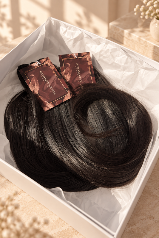 Straight Raw Indian Hair bundles on a beige background