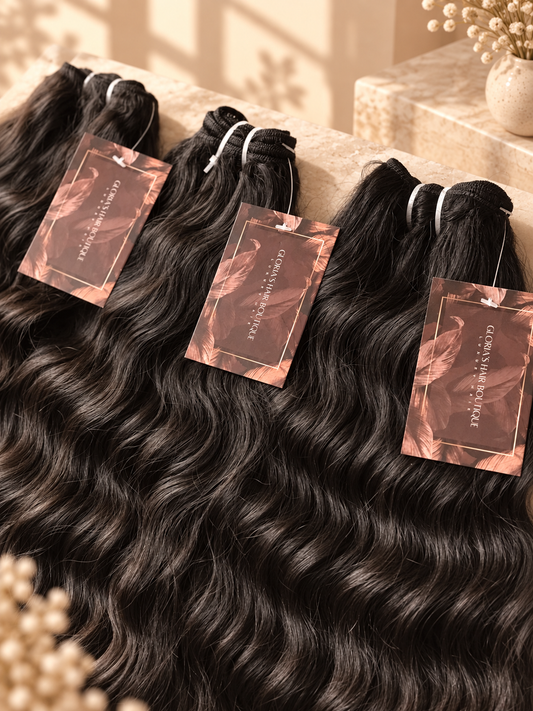 Wavy Raw Indian Hair bundles on a beige background